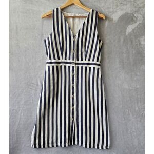 J.Crew Dress Size 6 Navy Nautical Striped Textured Cotton Linen Blend Pockets